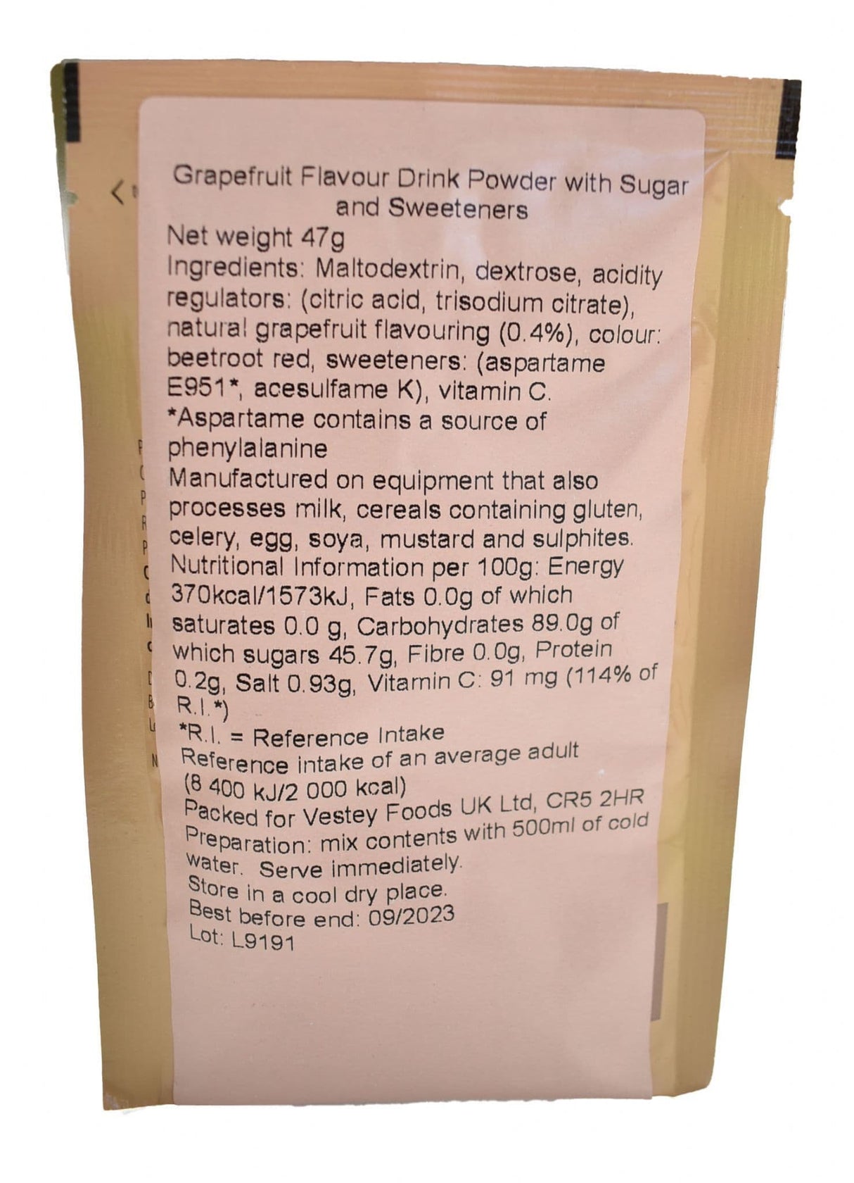 British Military Ration Pack Accessory - Grapefruit Fruit Flavour Drink Powder 45g