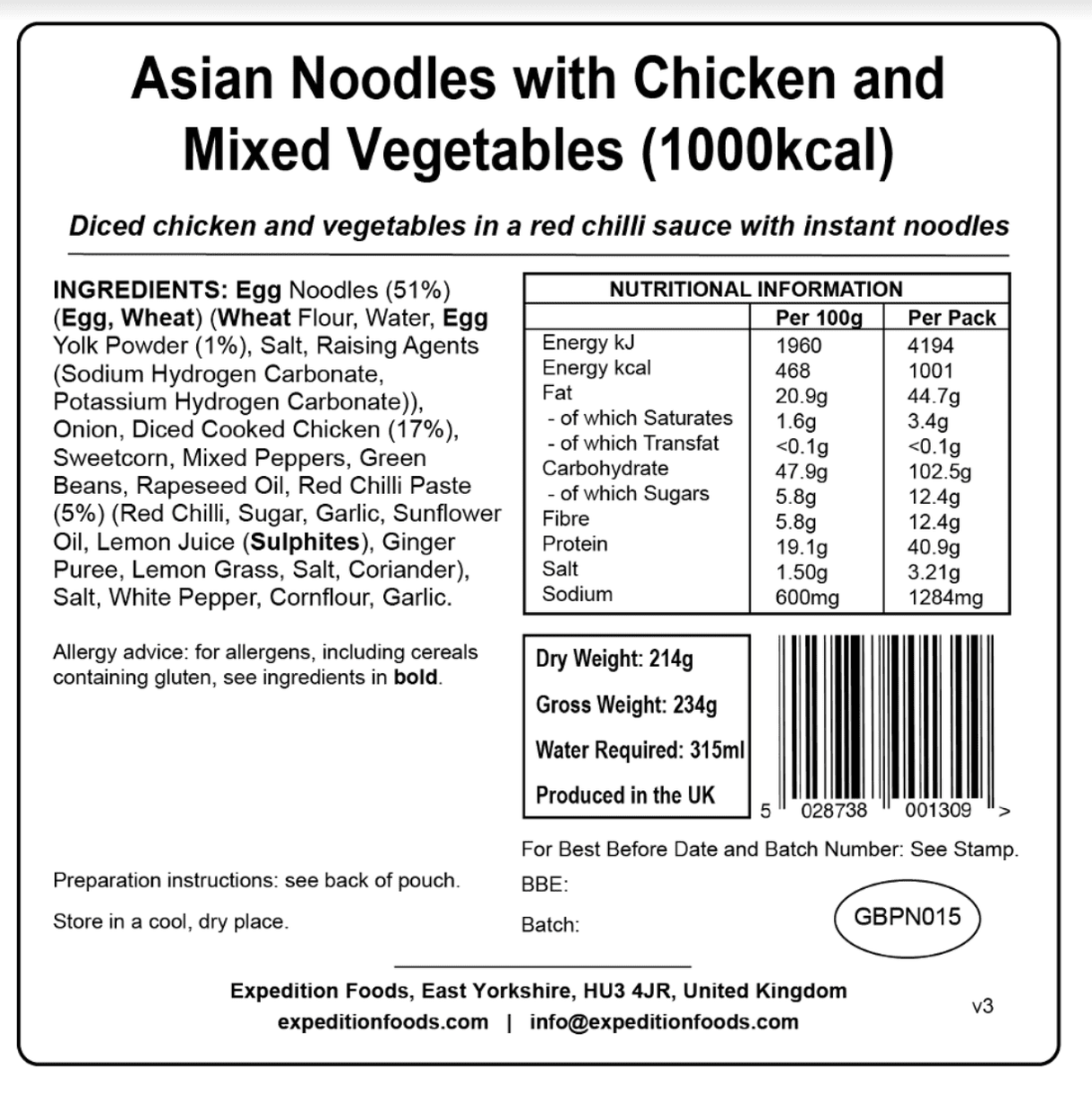 Expedition Foods Freeze Dried Meal Pouch - Asian Noodles With Chicken & Mixed Veg - Various Sizes