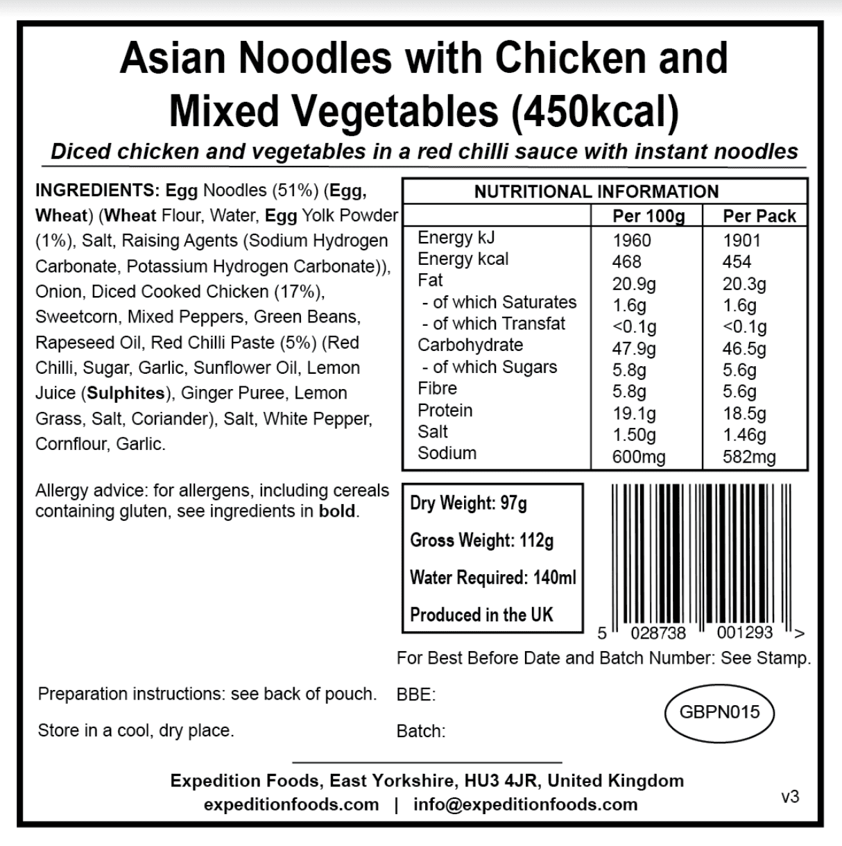 Expedition Foods Freeze Dried Meal Pouch - Asian Noodles With Chicken & Mixed Veg - Various Sizes