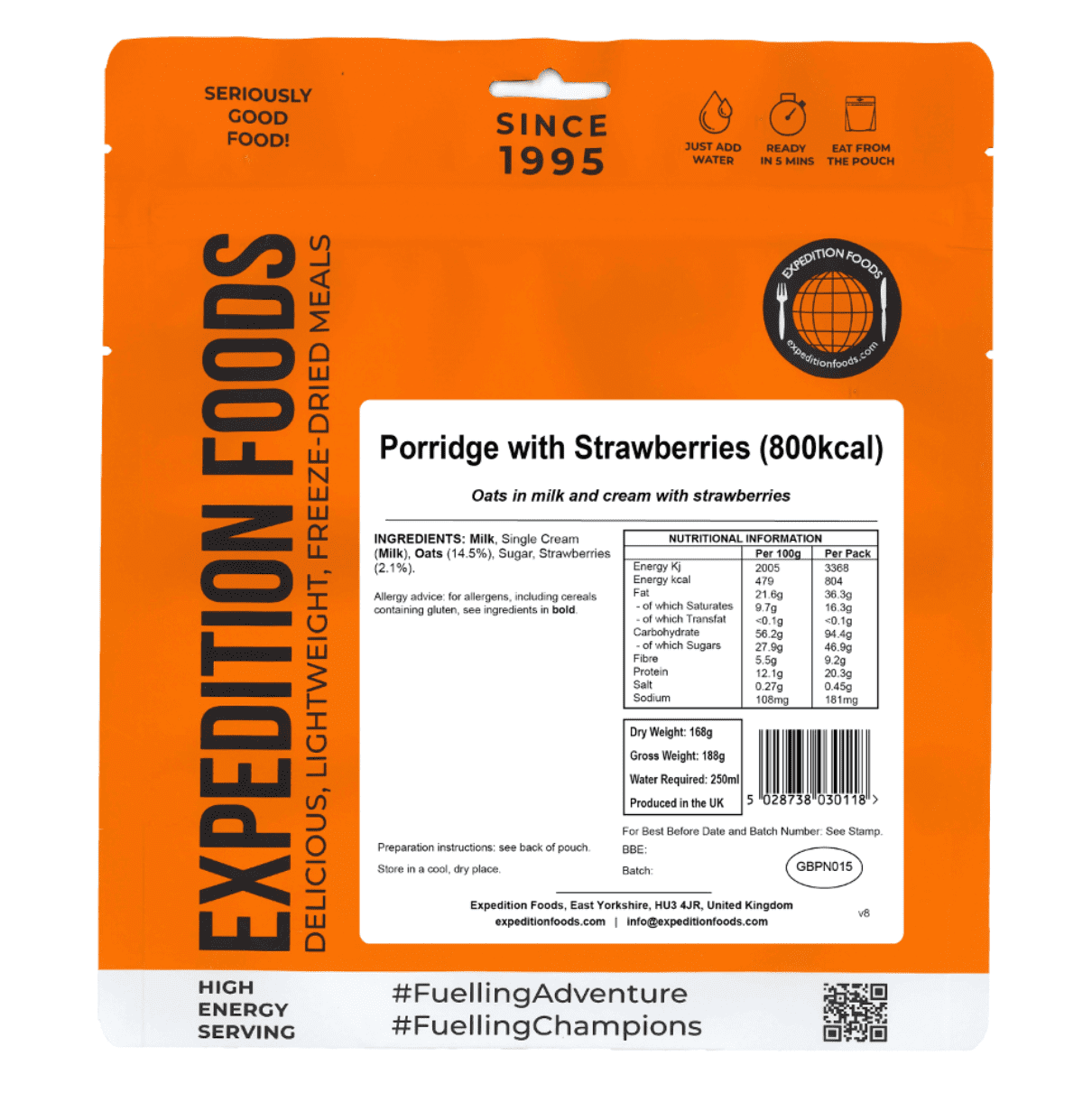 Expedition Foods Freeze Dried Meal Pouch - Breakfast Porridge With Strawberries - Various Sizes