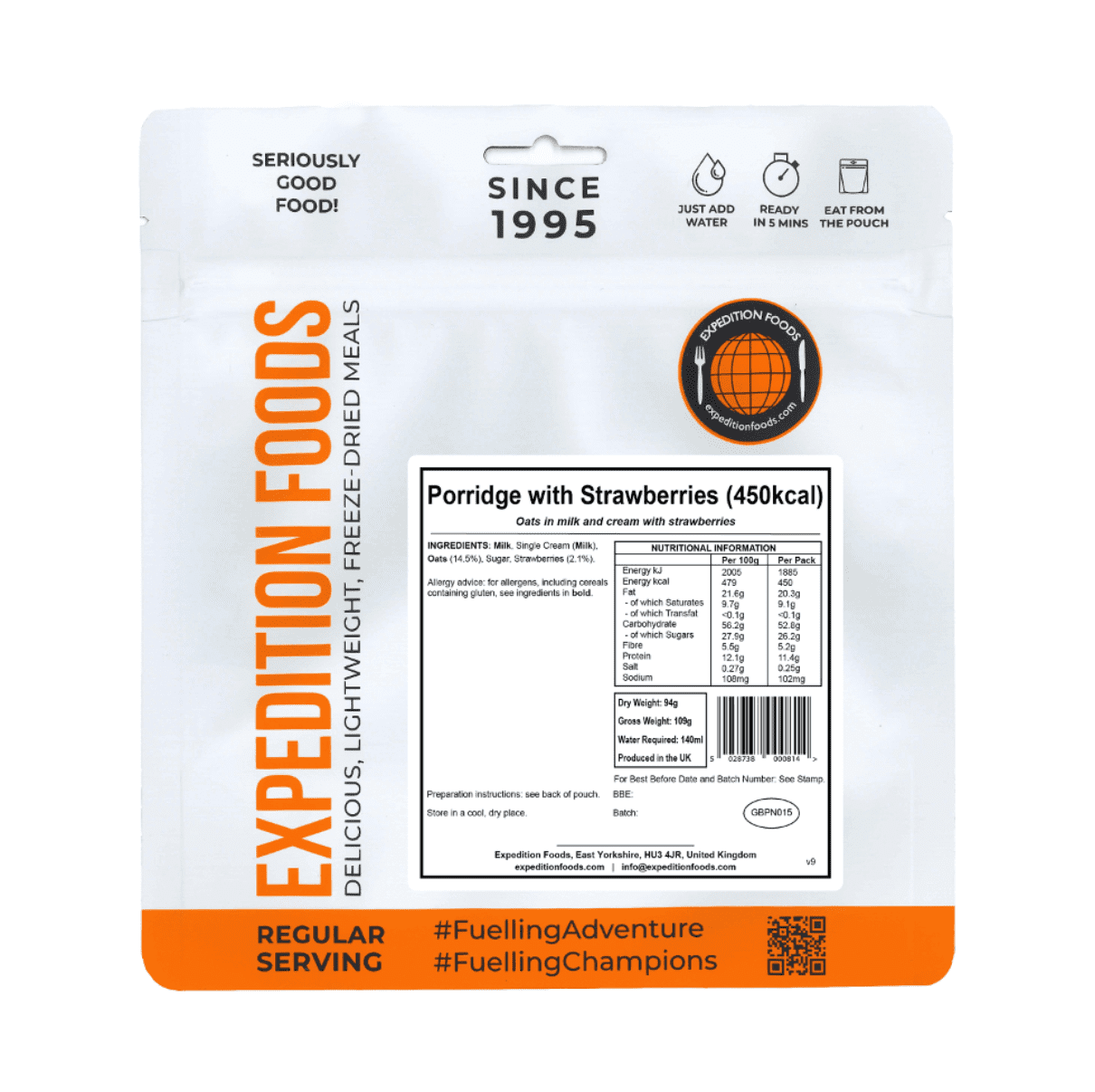 Expedition Foods Freeze Dried Meal Pouch - Breakfast Porridge With Strawberries - Various Sizes