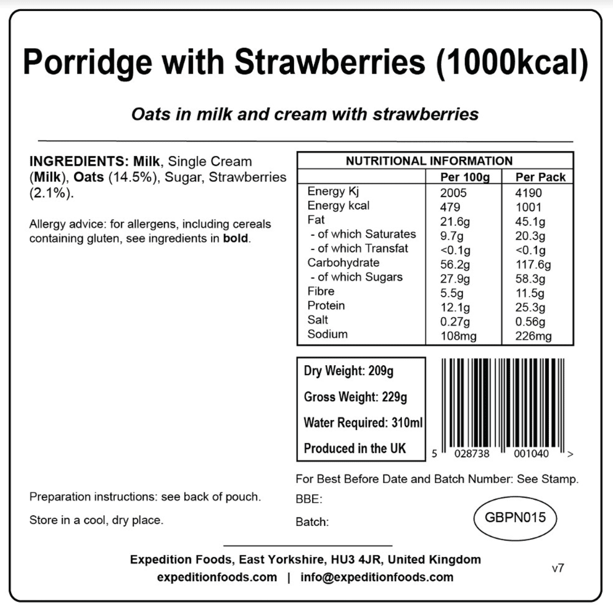 Expedition Foods Freeze Dried Meal Pouch - Breakfast Porridge With Strawberries - Various Sizes
