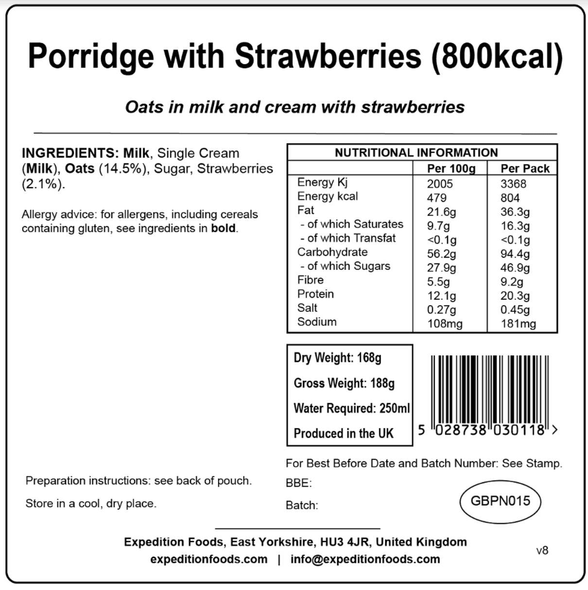 Expedition Foods Freeze Dried Meal Pouch - Breakfast Porridge With Strawberries - Various Sizes