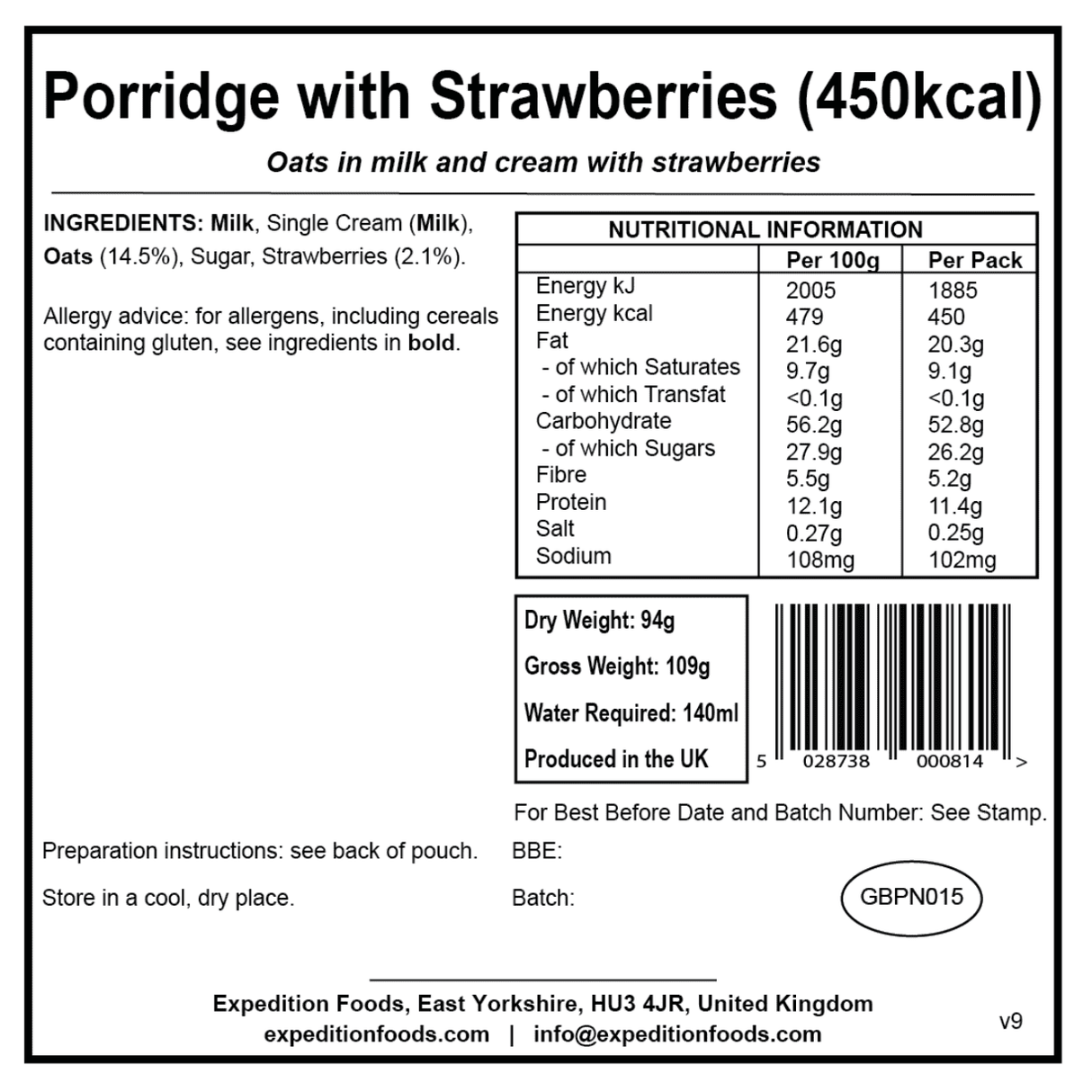 Expedition Foods Freeze Dried Meal Pouch - Breakfast Porridge With Strawberries - Various Sizes