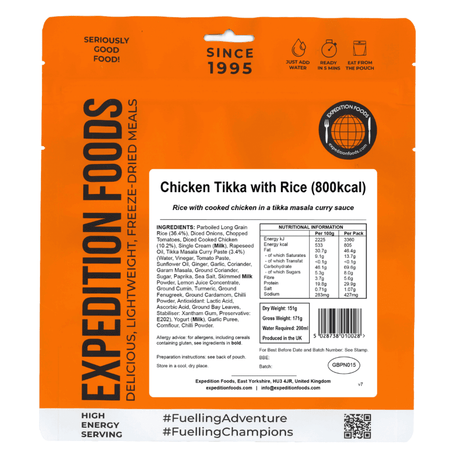 Expedition Foods Freeze Dried Meal Pouch - Chicken Tikka With Rice - Various Sizes