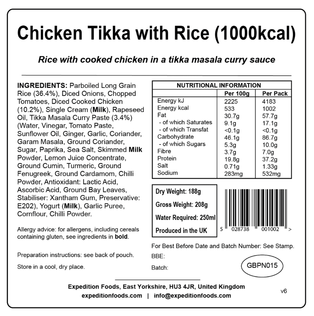 Expedition Foods Freeze Dried Meal Pouch - Chicken Tikka With Rice - Various Sizes
