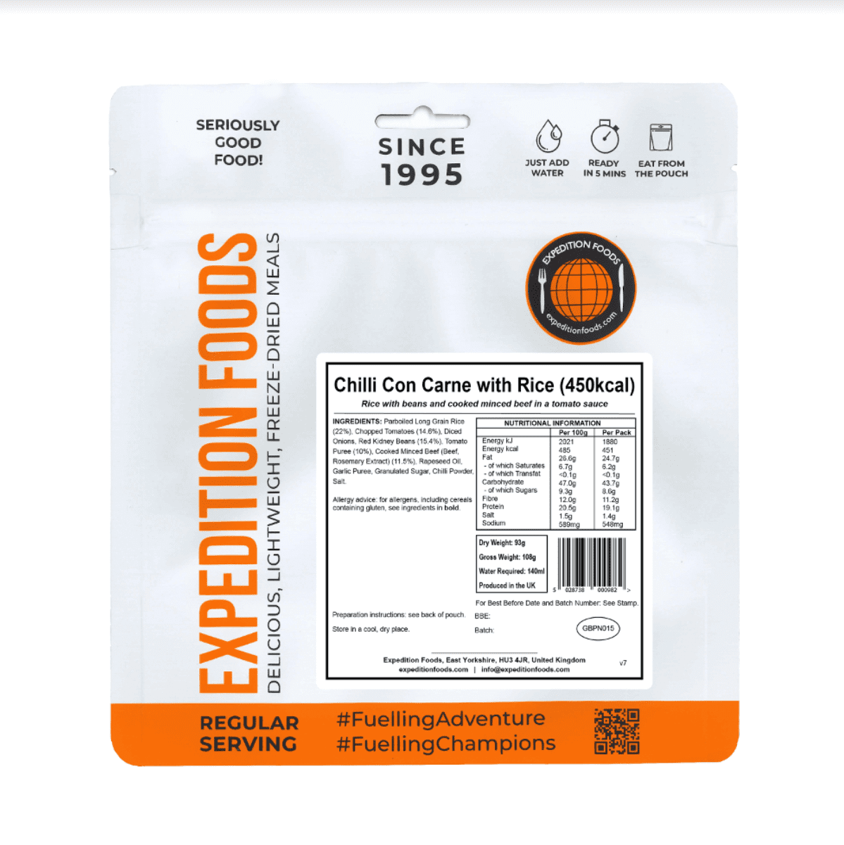Expedition Foods Freeze Dried Meal Pouch - Chilli Con Carne With Rice - Various Sizes
