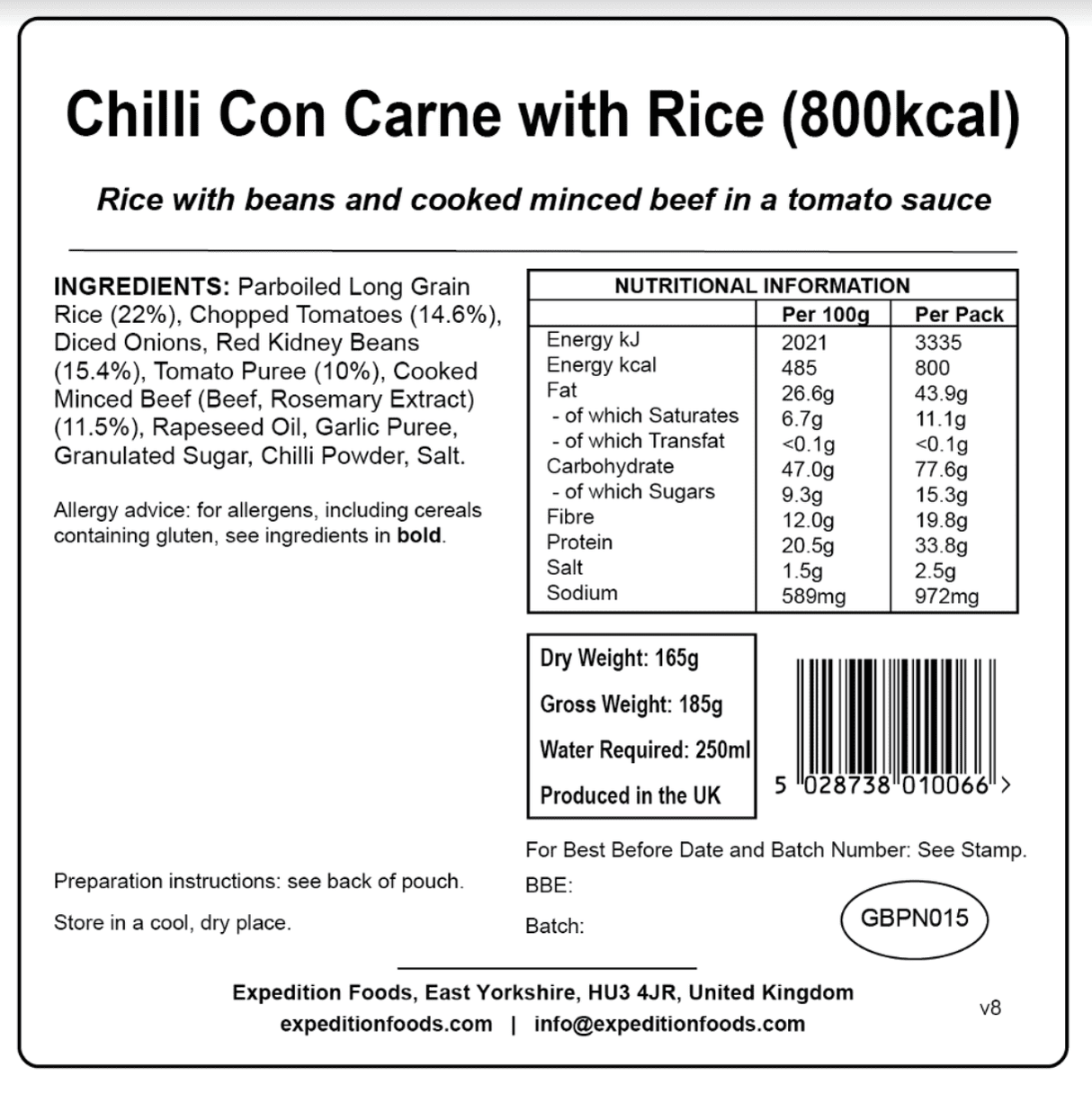 Expedition Foods Freeze Dried Meal Pouch - Chilli Con Carne With Rice - Various Sizes