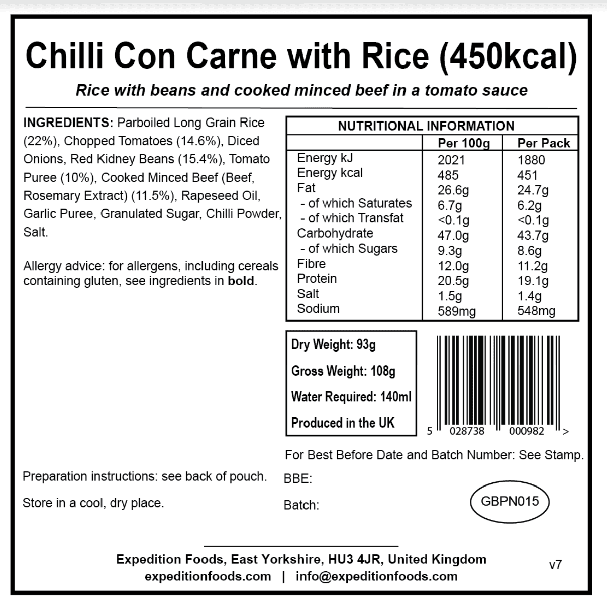 Expedition Foods Freeze Dried Meal Pouch - Chilli Con Carne With Rice - Various Sizes