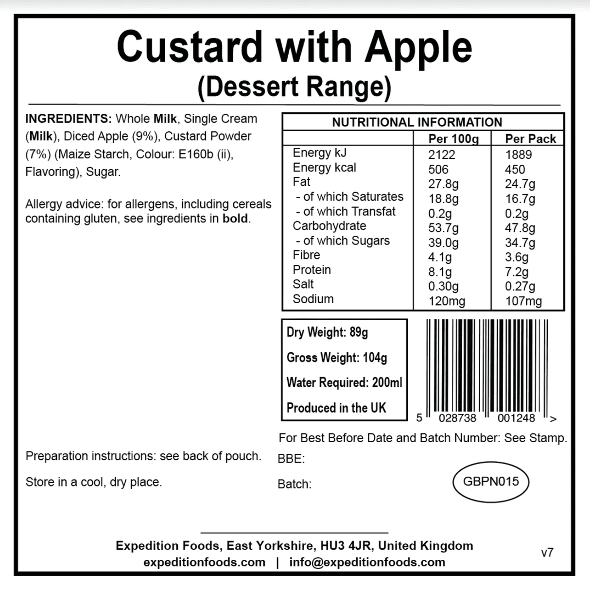 Expedition Foods Freeze Dried Meal Pouch - Custard With Apple Dessert