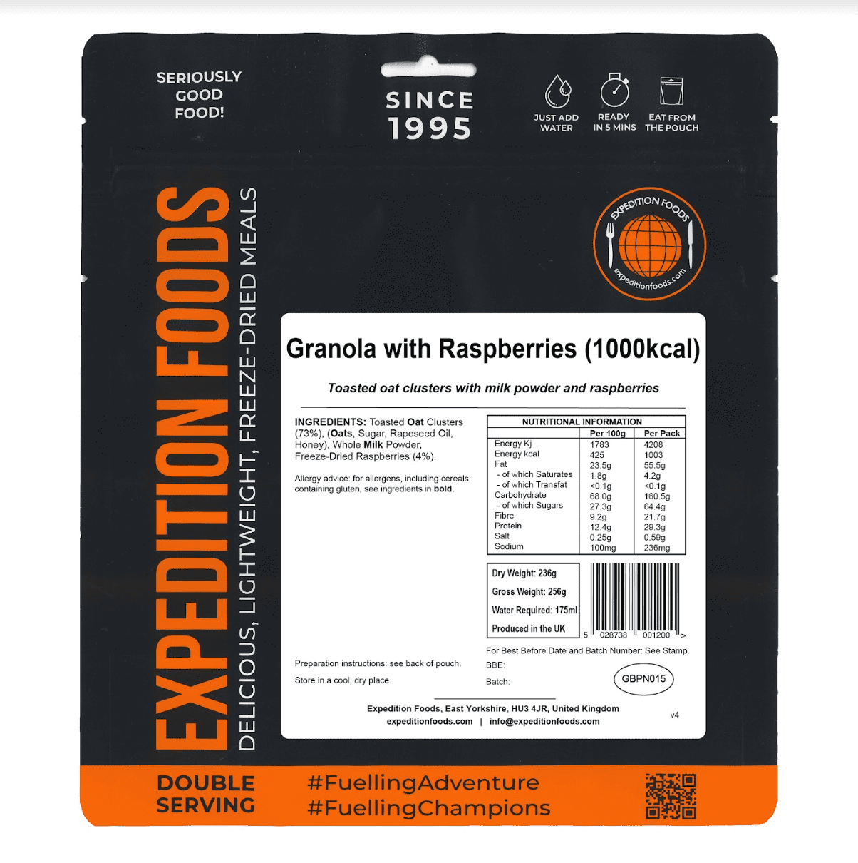 Expedition Foods Freeze Dried Meal Pouch - Granola With Raspberries - Various Sizes