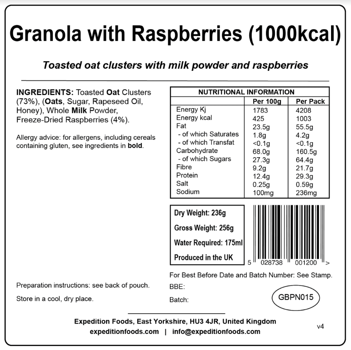 Expedition Foods Freeze Dried Meal Pouch - Granola With Raspberries - Various Sizes