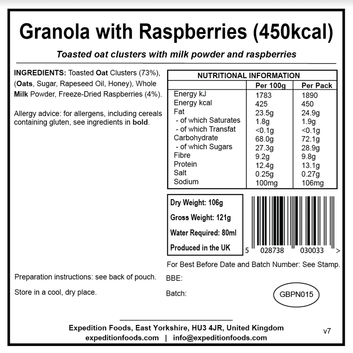 Expedition Foods Freeze Dried Meal Pouch - Granola With Raspberries - Various Sizes