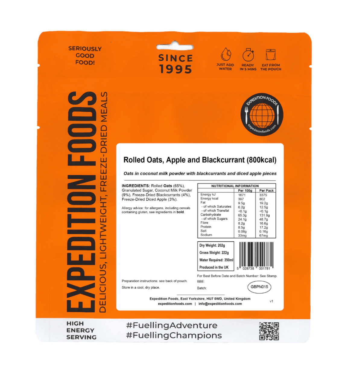 Expedition Foods Freeze Dried Meal Pouch - Rolled Oats Apple & Blackcurrant - Various Sizes