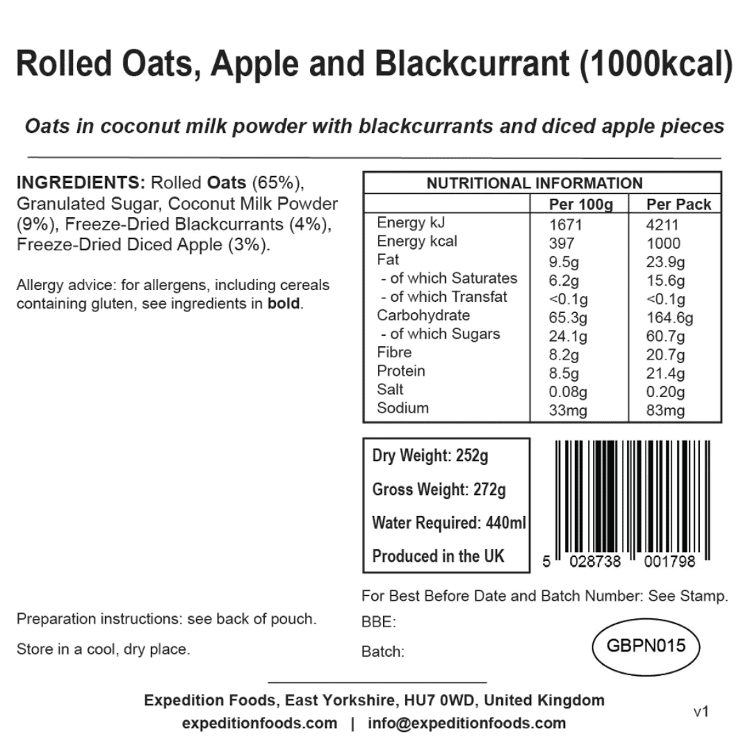 Expedition Foods Freeze Dried Meal Pouch - Rolled Oats Apple & Blackcurrant - Various Sizes