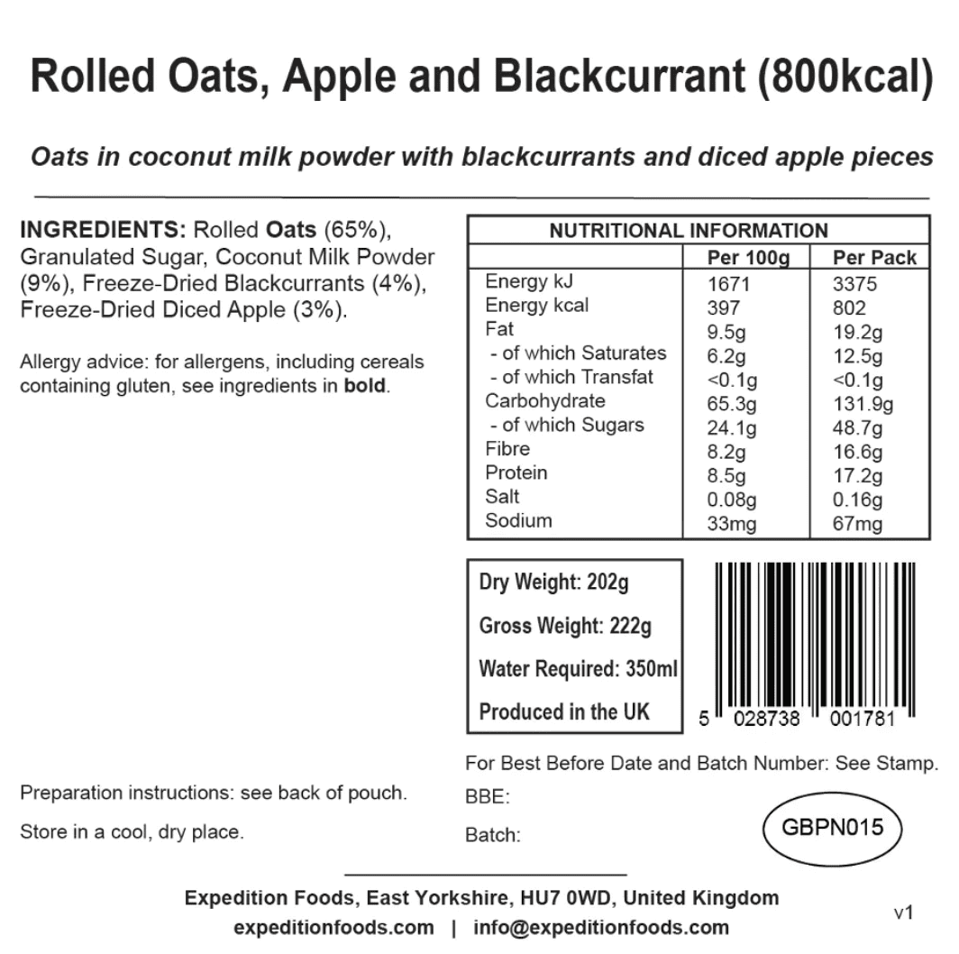 Expedition Foods Freeze Dried Meal Pouch - Rolled Oats Apple & Blackcurrant - Various Sizes