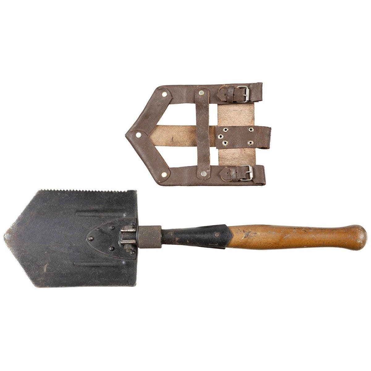 Romanian Military Wooden Handle Folding Shovel & Leather Sheath