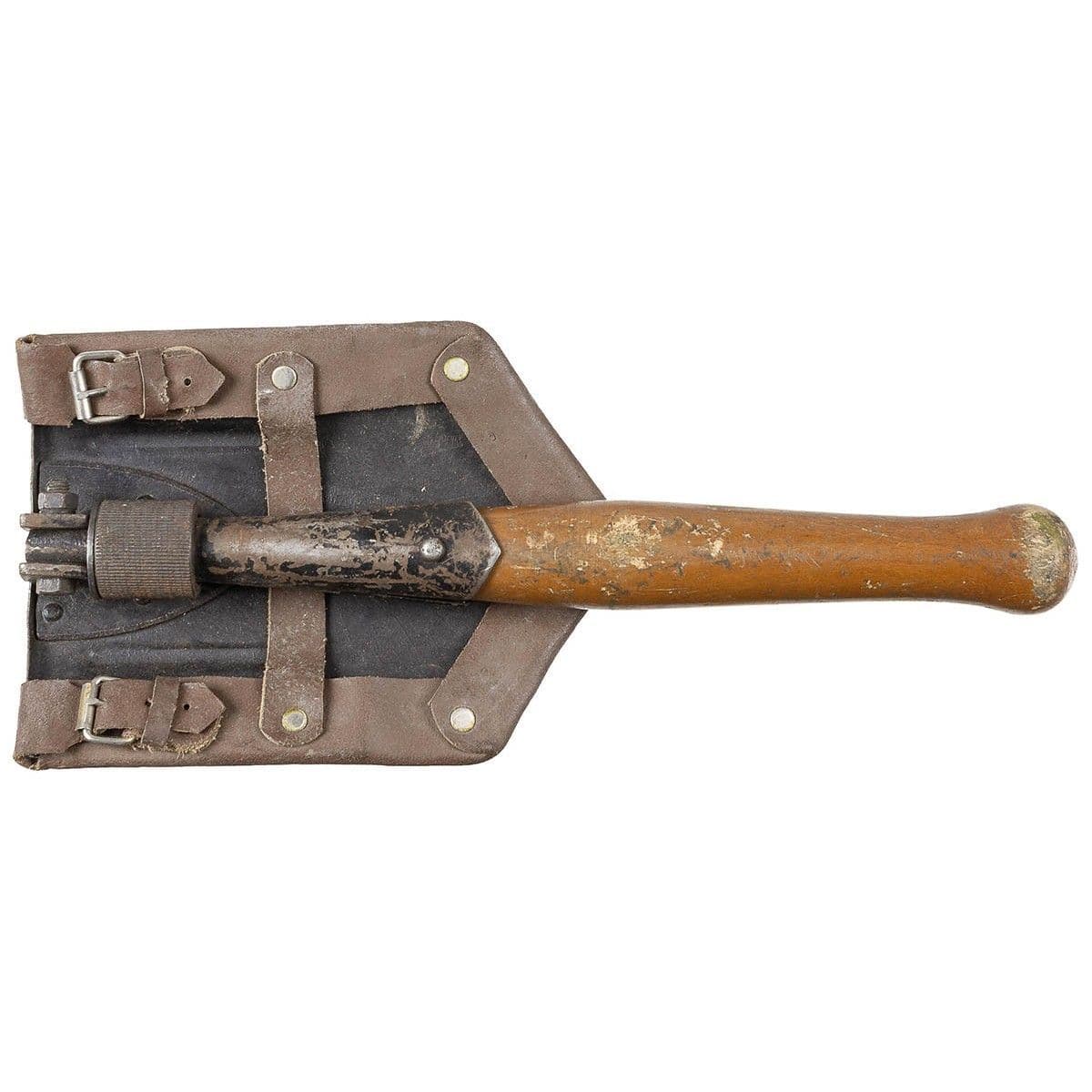 Romanian Military Wooden Handle Folding Shovel & Leather Sheath