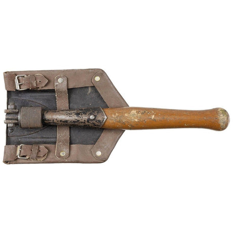 Romanian Military Wooden Handle Folding Shovel & Leather Sheath